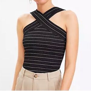 LOFT Striped Cross‎ Neck Tank Top Black Metallic Glittery Size M